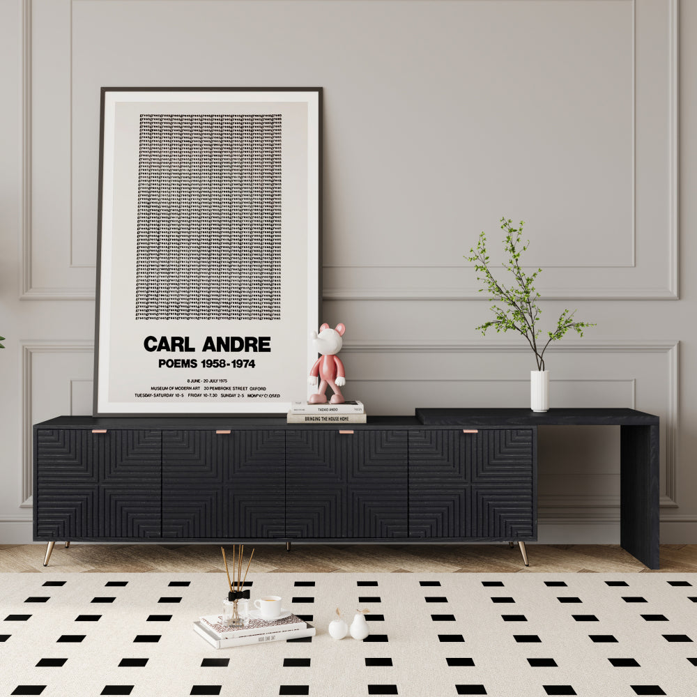70"-90" Extendable TV Cabinet, Modern Entertainment Center with Storage and Adjustable Shelves, Lacquered and Real Wood Veneered TV Console for Living Room, Hallway, Entryway, Black
