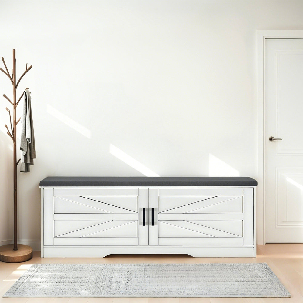 2-Tier Storage Bench, Farmhouse Shoe Bench with Padded Seat Cushion, Entryway Bench with 2 Barn Doors & 2 Adjustable Shelves, 13.75" D x 39.4" W x 17.72" H, for Entryway, Bedroom, Living Room, White