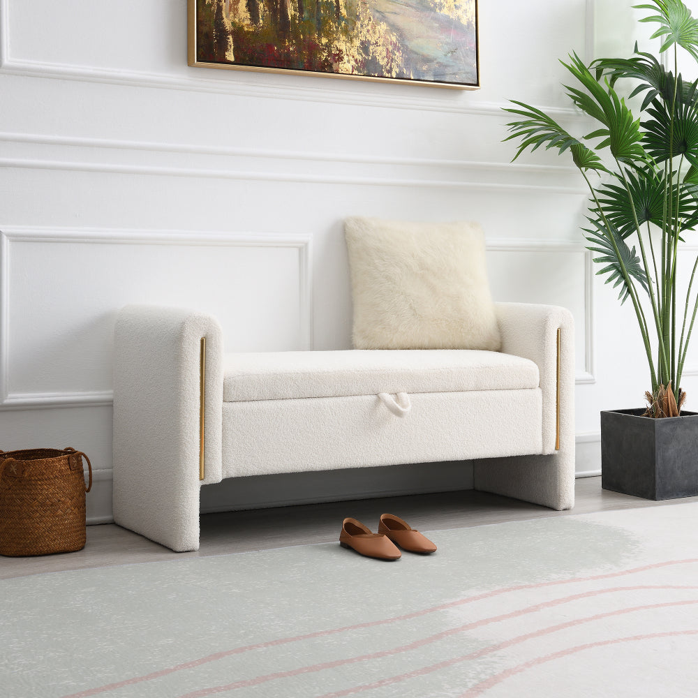 Modern Teddy Bed End Bench with Arms and Storage,Upholstered Large Foot Rest Stool, Comfy Window Vanity Bench for Living Room,Bedroom,Dorm,Coffee Table,Teddy Cream
