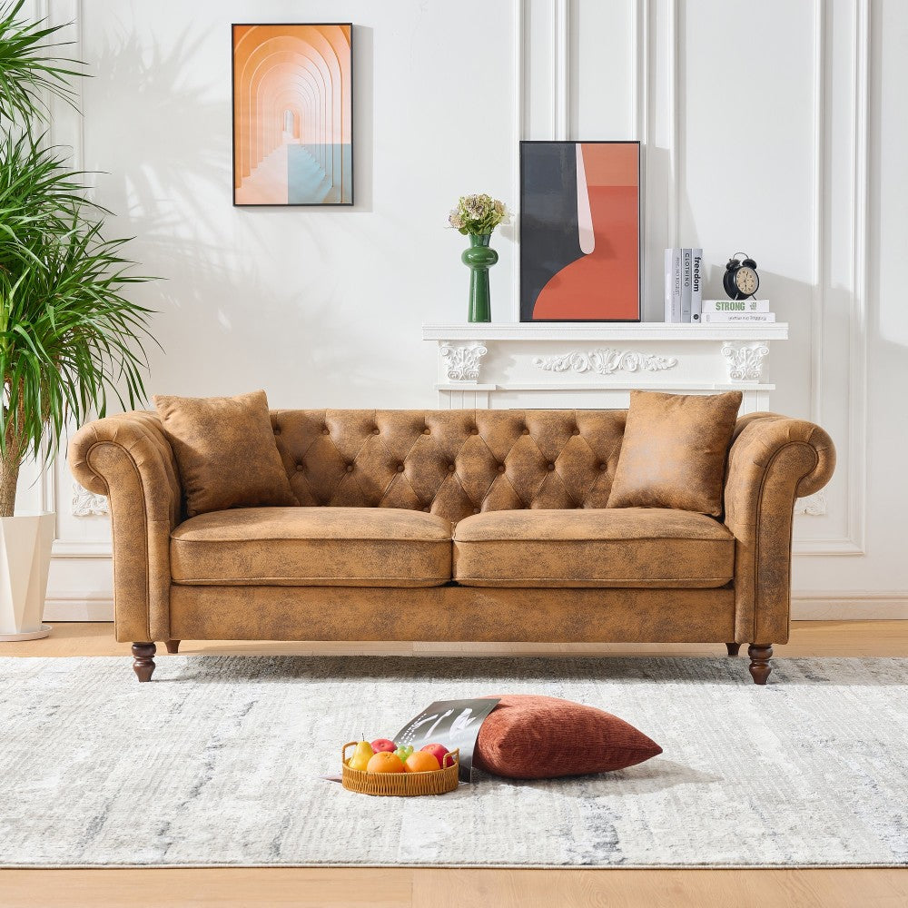 66"Chesterfield ‌Faux Leather Sofa,High-tech Fabric Roll Armrest Sofa,Upholstered Mid Century Modern Couch,2 Seater Couch for Living Room, Office, Apartment, Brown