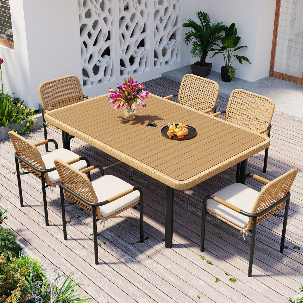 59" Outdoor Patio Dining Table, Polywood Tabletop with Umbrella Hole, Iron Legs, Rectangular Dining Table for Garden, Backyard, Porch