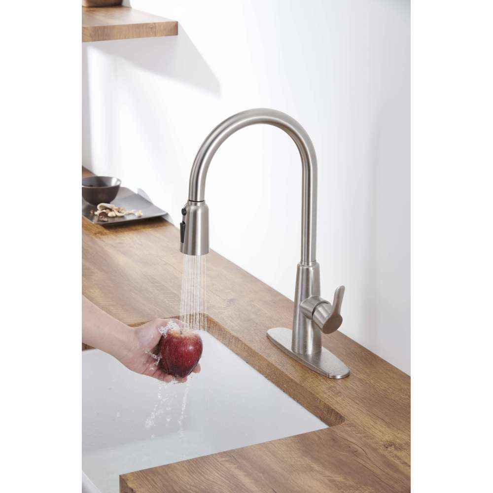 Kitchen Sink Faucet with Pull Out Sprayer Brushed Nickle,Stainless Steel High Arc Kitchen Sink Faucet, 3 Way Setting Single Handle Kitchen Faucets with Deck Plate
