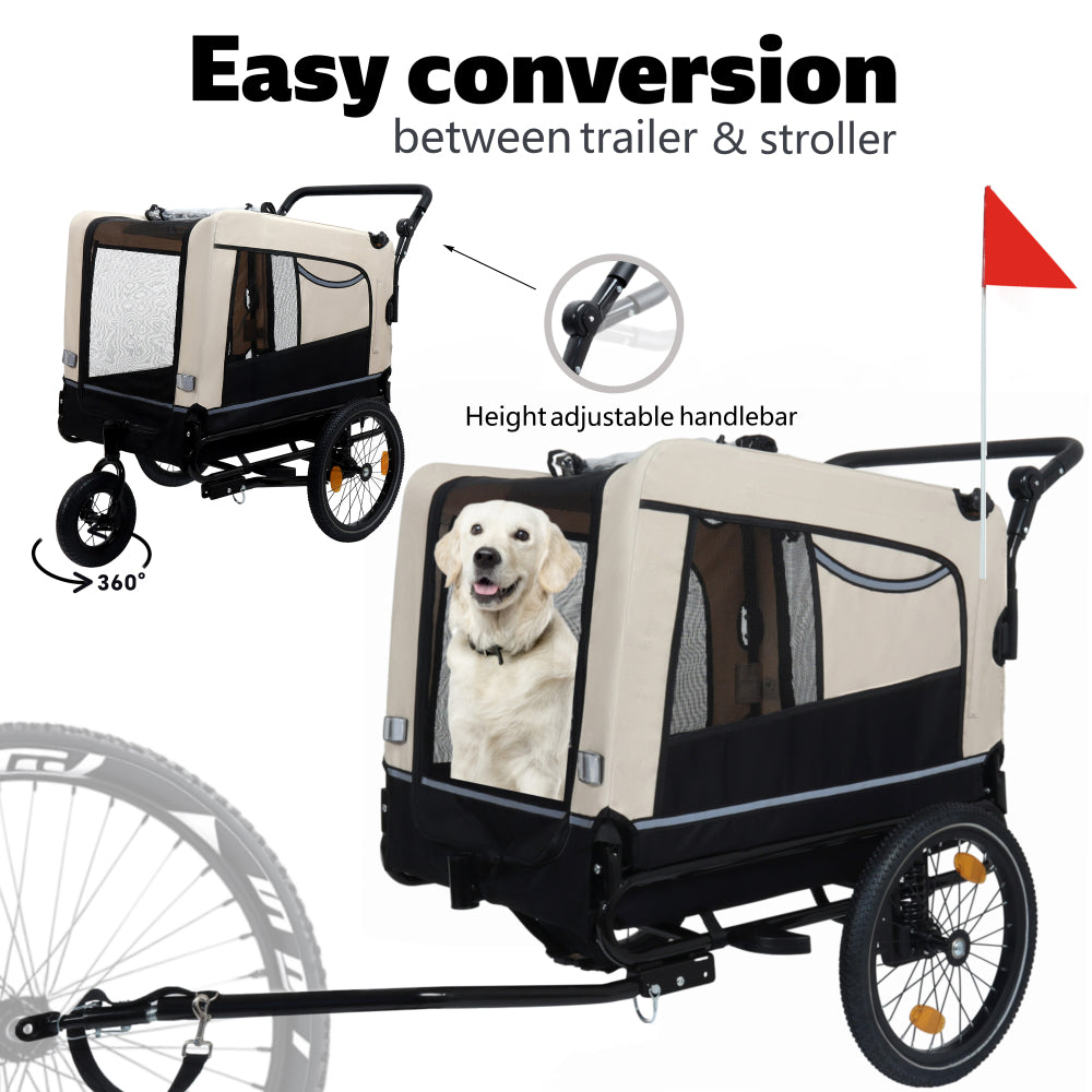 2-in-1 Bike Trailer & Push Cart for Pets - Detachable Bike Hitch & Push Handle Included - All-Terrain Wheels, Quick Release Wheel, Non-Slip Floor, Internal Leash, Holds  Up to 88 lbs, Black- Beige