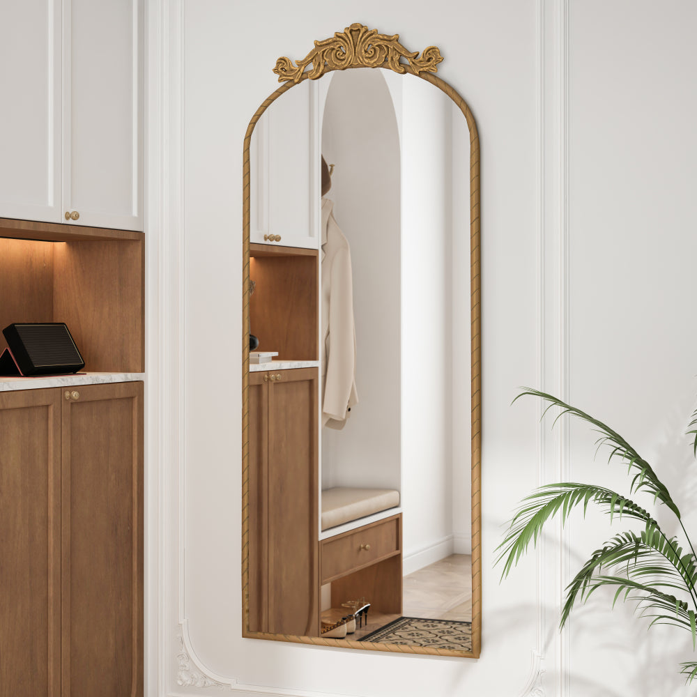 58"x24" Arched Full Body Mirror with Vintage Ornate Carved Applique on Top, Hanging Wall Mounted Mirror, for Living Room Bedroom Retro Home Decor Mirror, Bronze
