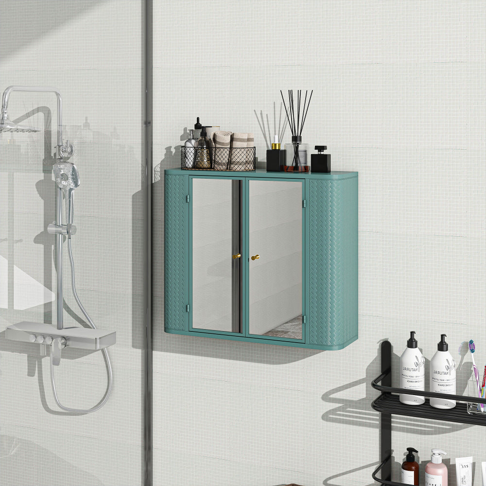 Black Wall-Mounted Bathroom Cabinet with Mirror, 2 Mirrored Doors & Open Shelf, Farmhouse Metal Frame Storage Cabinet with Open Compartment for Vanity, Toilet & Over-the-Sink