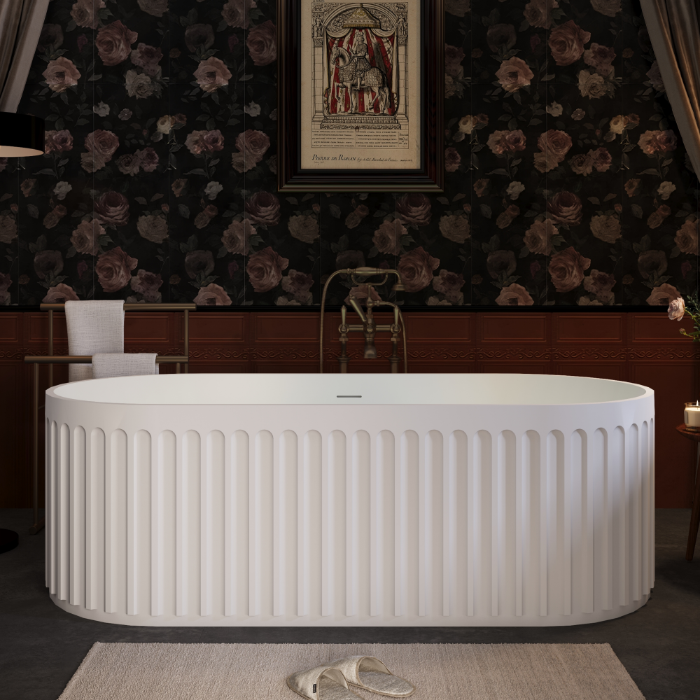 67" Freestanding Solid Surface Bathtub, Luxury Engineered Stone Resin Freestanding Soaking Bathtub with Overflow and Pop-up Drain cUPC Certified, Matte White 23S13-67