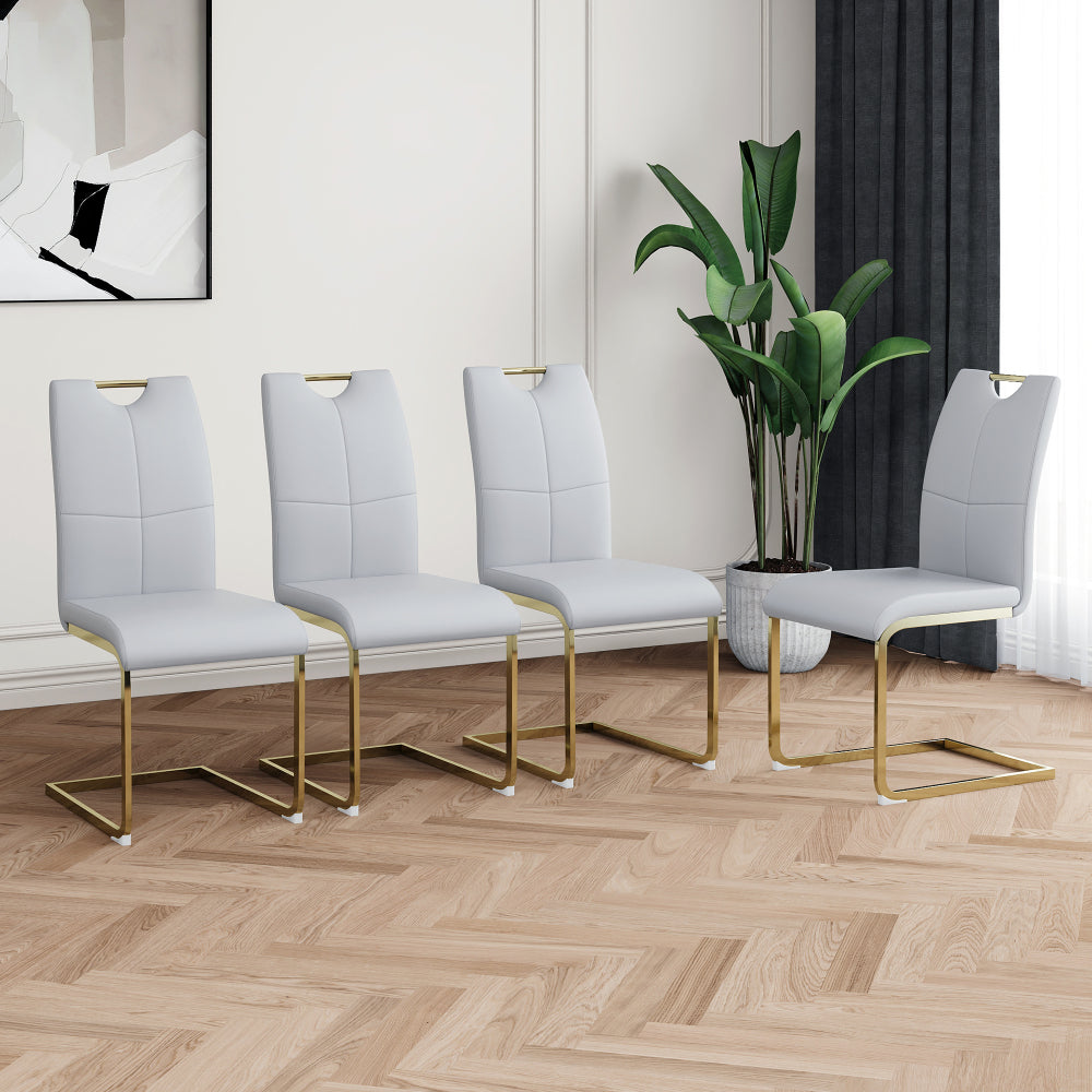 Modern simple round glass dining table, wear-resistant tempered glass countertop, gold-plated legs, grey PU dining chair set, suitable for restaurant kitchen use (set of 5)