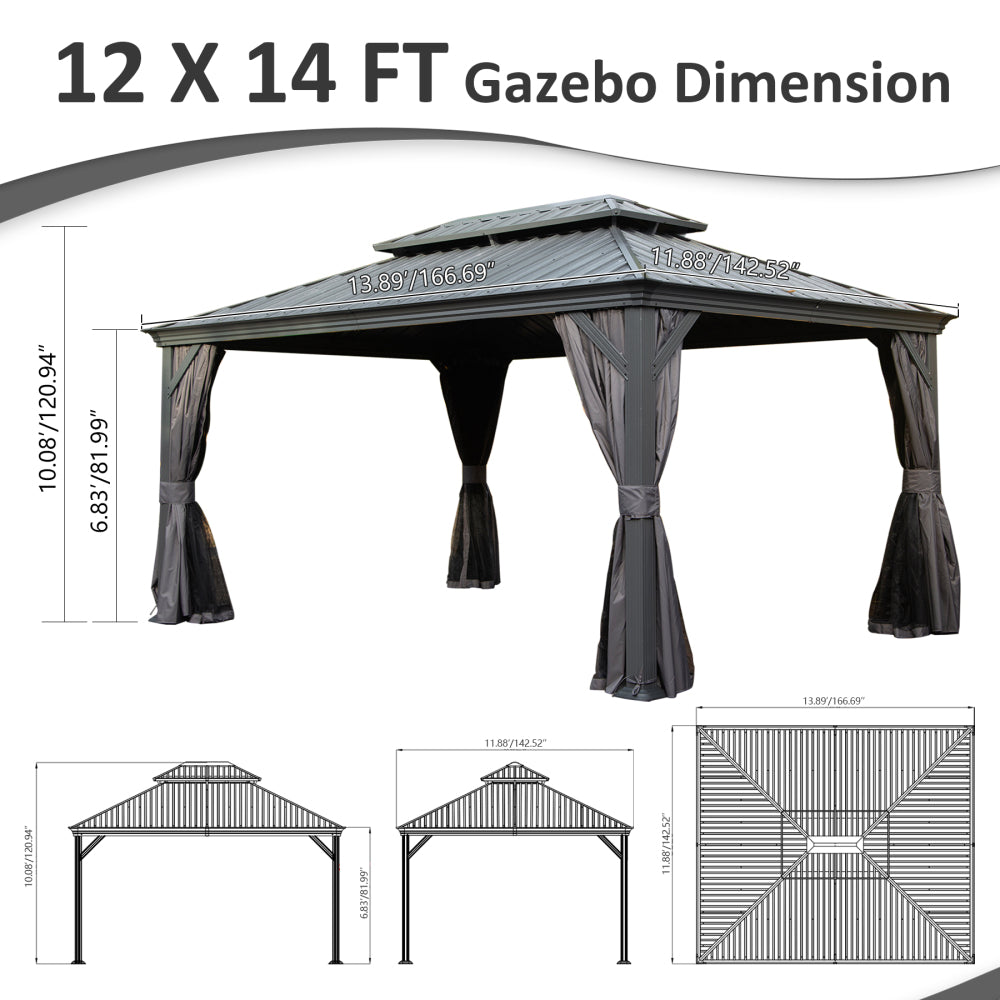 12' X 14' Hardtop Gazebo, Upgraded Metal Gazebo with Drainage System, Dual-Layer Galvanized Steel Roof, Curtain and Netting, Outdoor Shelter Canopy for Patio, Garden, and Backyard, Grey