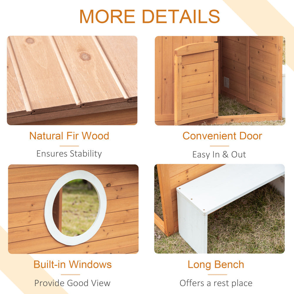 Outsunny Wooden Playhouse for Kids Outdoor with Working Door, Windows, Mailbox, Bench, Flowers Pot Holder, 48" x 42.5" x 53"