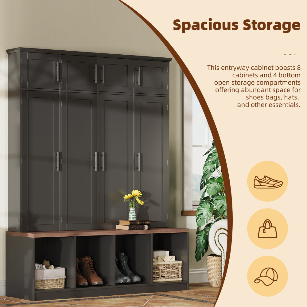 [Assembly Video Provided] ON-TREND Farmhouse Hall Tree with 4 Hidden Hanging Hooks, Versatile Walnut Seating Bench with 8 Doors, Entryway Shoe Cabinet with Open Compartments for Living Room, Black