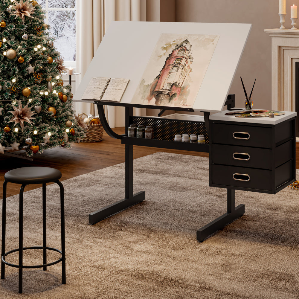 White adjustable drafting drawing table with stool and 3 drawers