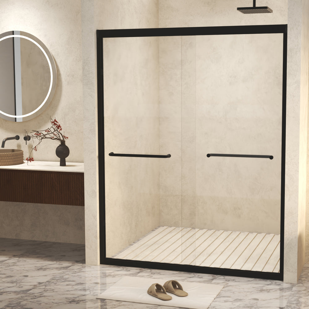 44-48" W × 72" H Tempered Glass with Explosion Proof Film, Aluminum Frame Double Sliding Shower Door, "1/4 (6 mm), Stainless Steel handle, Matte Black
