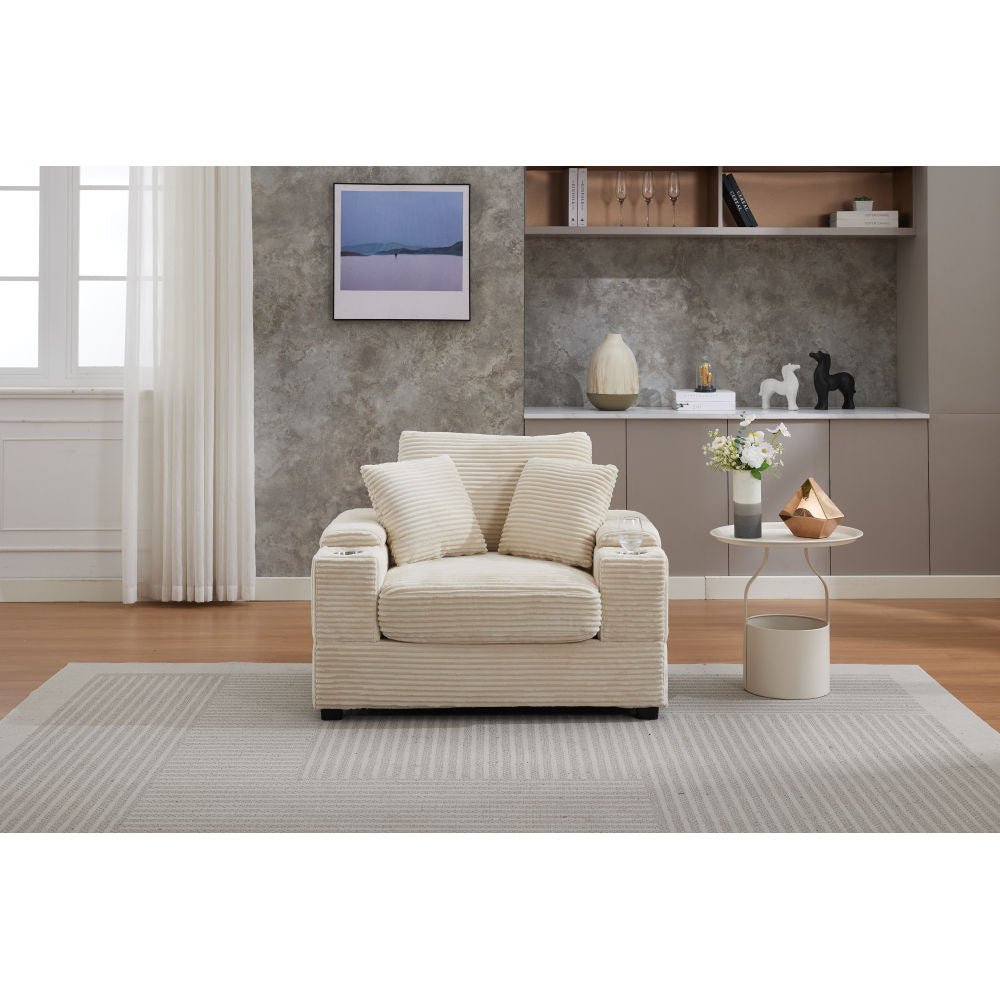[VIDEO/New]Corduroy Upholstered Chaise Lounge Sofa with Handrail storage ,Movable ottoman,Cupholders,Detachable Cushions Deep Seat for Living Room Office,3 colour