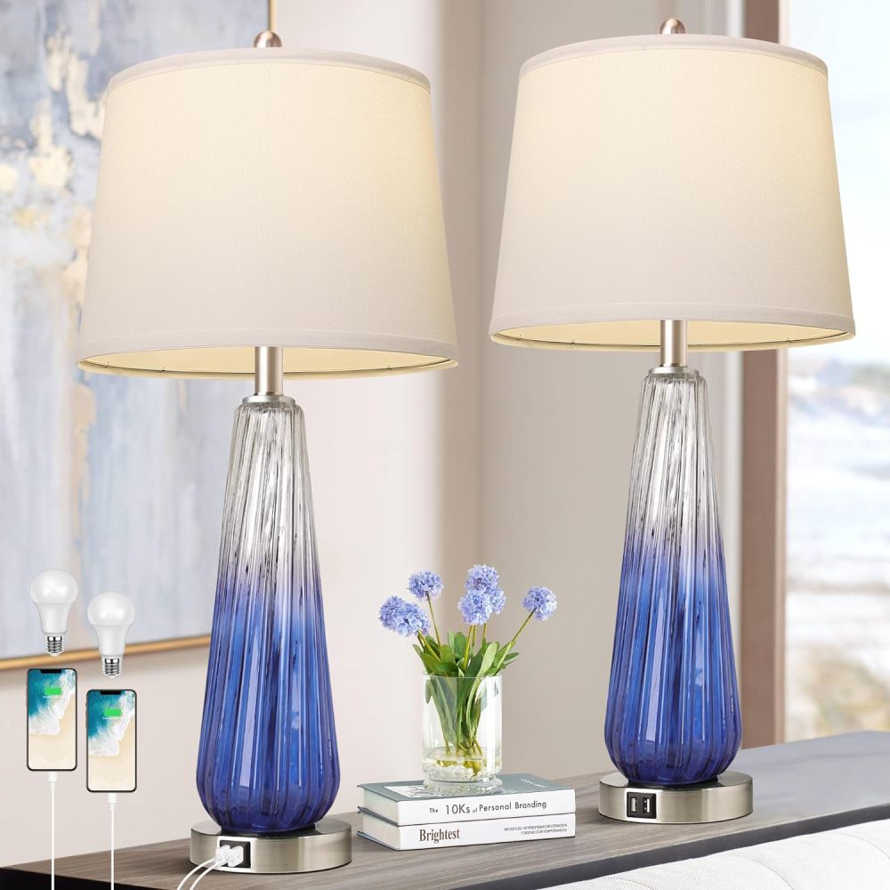 Table Lamps Set of 2 with Touch Control, 3-Way Dimmable Modern Glass Bedside Lamps with USB A+C Ports, Nightstand Lamp with White Fabric Shade, 27.5" Large Lamps for Living Room Bedrooms Decorations
