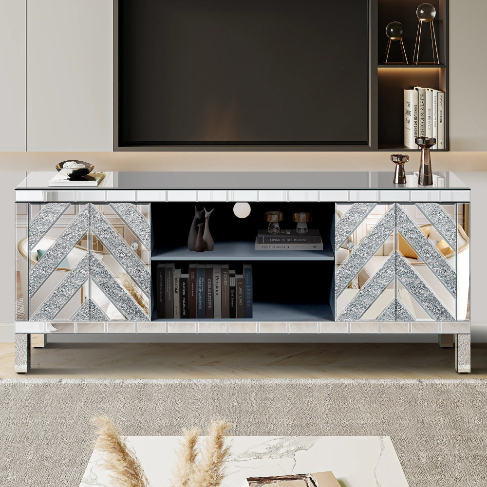 Mirrored TV Stand for 65+ inch TV,Sliver TV Console Table with Open Storage & 2 Storage Cabinets ,M Shape Sparkling Mirror Doors for Living Room(59''W x 25.2''H x 15.7D)
