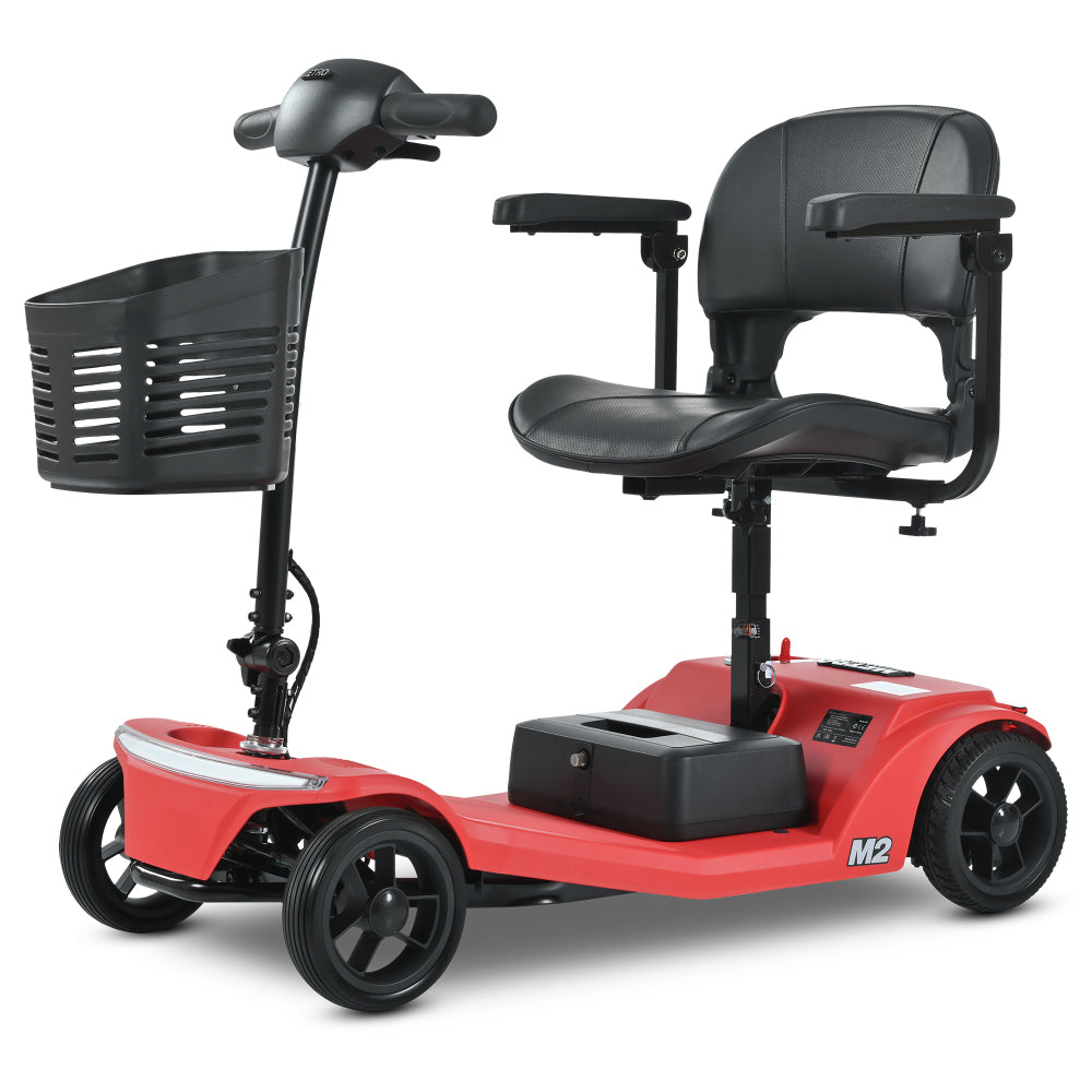 4 wheel mobility scooter with 16-20mile driving range, lithium battery, 330bs weight capacity, front & rear LED light, extension legroom, Electric-magnetic brake system, Color- Red, M2-RED-22.5L