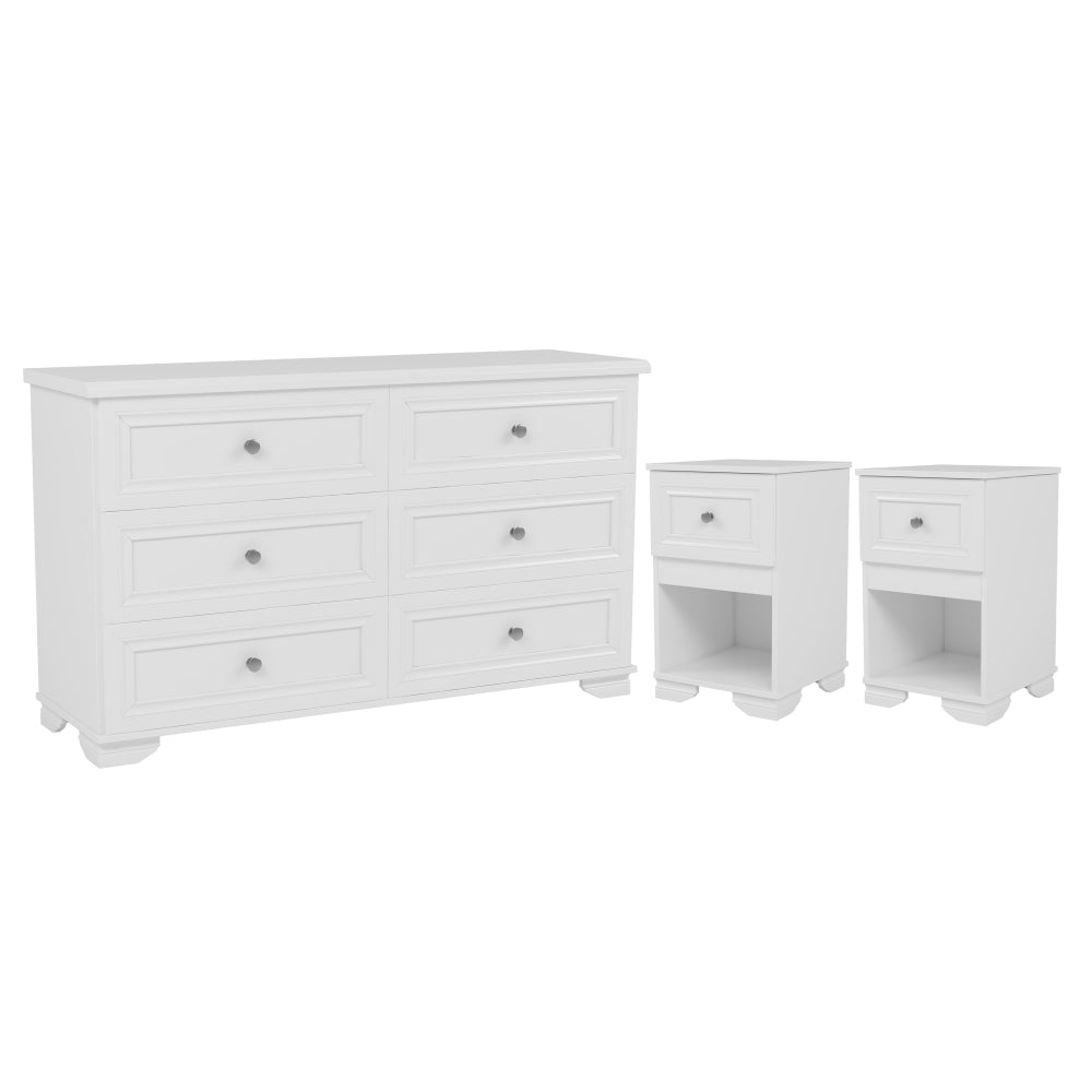 3-Pieces Bedroom Set, 6-Drawer Dresser and Two Nightstands with Metal Handles, Elegant Design and Retro Style,White