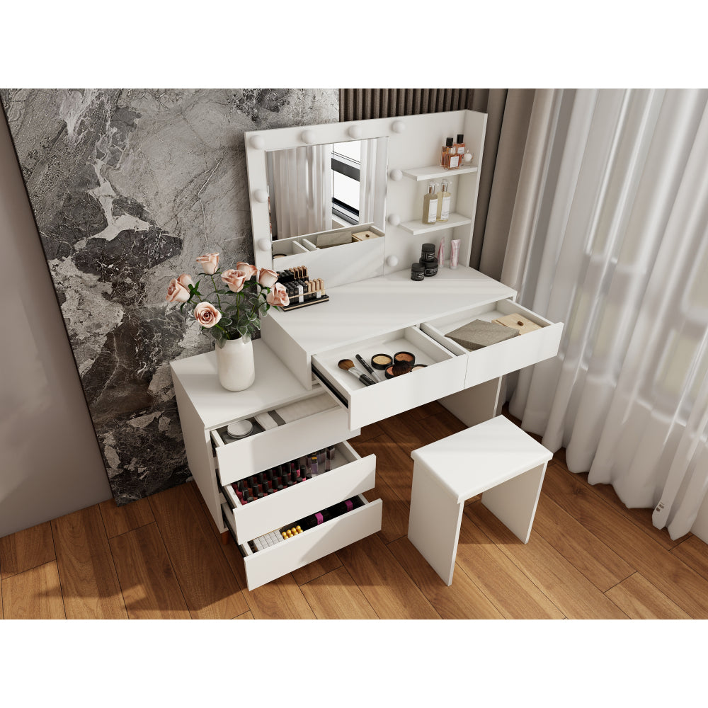 LED Lighted Makeup Vanity Table with Mirror - White Beauty Station with Storage Drawers, Matching Stool, and Organizing Compartments for Makeup Brushes and Cosmetics