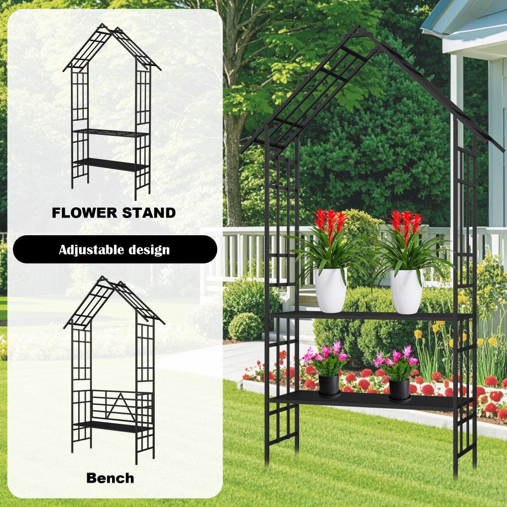 Metal Garden Arch with Bench Turned into Flower Stand W58.07*H97.24 Climbing Plants Support Rose Arch Outdoor Black