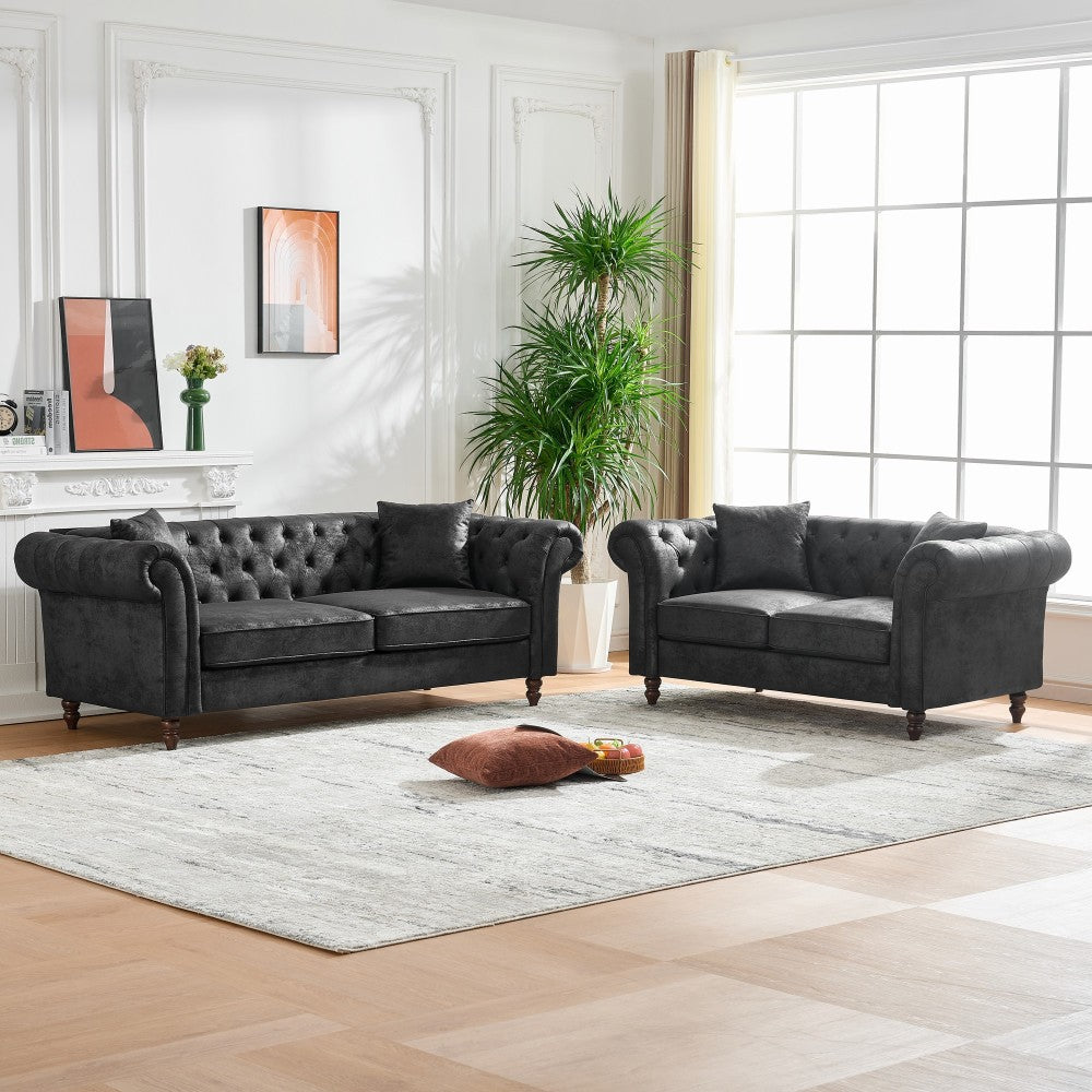66"Chesterfield ‌Faux Leather Sofa,High-tech Fabric Roll Armrest Sofa,Upholstered Mid Century Modern Couch,2 Seater Couch for Living Room, Office, Apartment, Brown