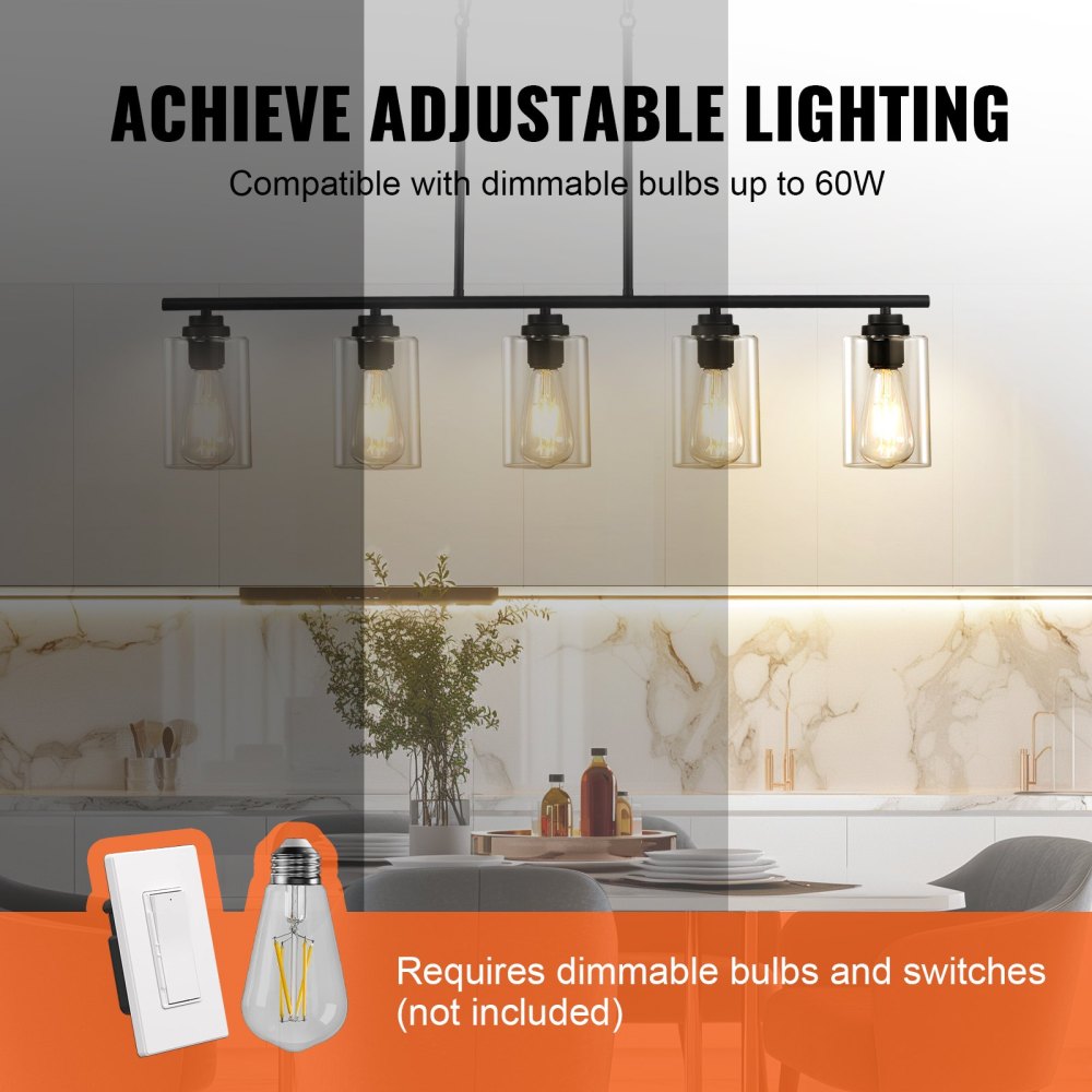 5-Light Kitchen Island Pendant Lights 60W Adjustable Dining Room Light E26