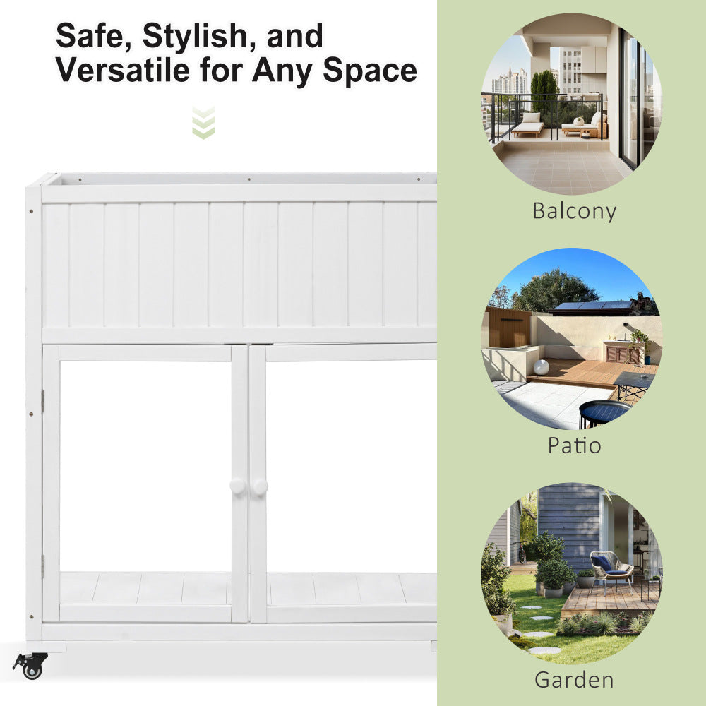 TOPMAX Patio 35.4''x17.7''x37.4'' Mini Wood Cold Frame, Compact 2 Doors Garden Greenhouse with Wheels, Raised Bed with Liner for Indoor Outdoor Use, White
