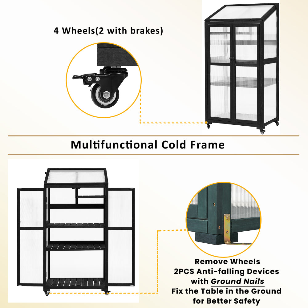 TOPMAX 62inch Height Wood Large Greenhouse Balcony Portable Cold Frame with Wheels and Adjustable Shelves for Outdoor Indoor Use, Black