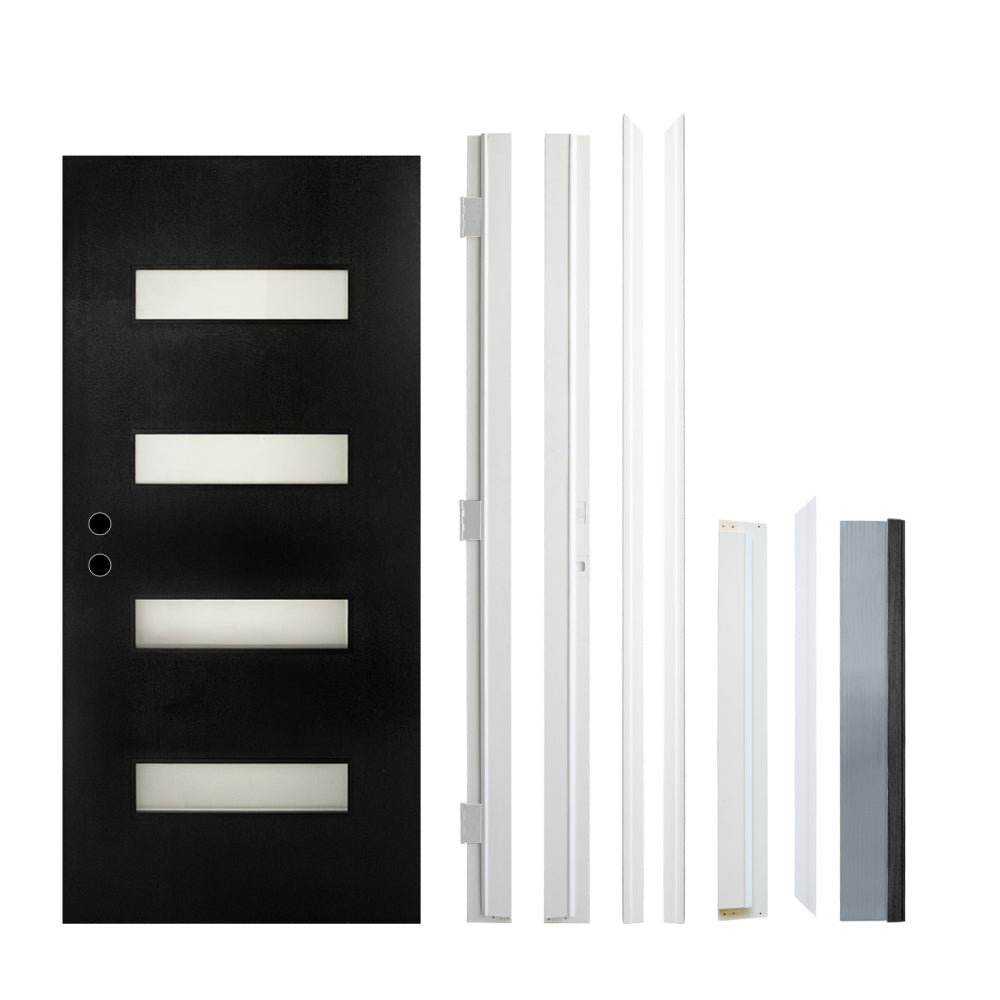 36 x 80 Fiberglass Entry Door with Brickmould, Frosted Glass - Contemporary Style for Home's Front Entrance, Right Hand Inswing, Black Finished Knock-Down Fiberglass Door with White Vinyl Frame