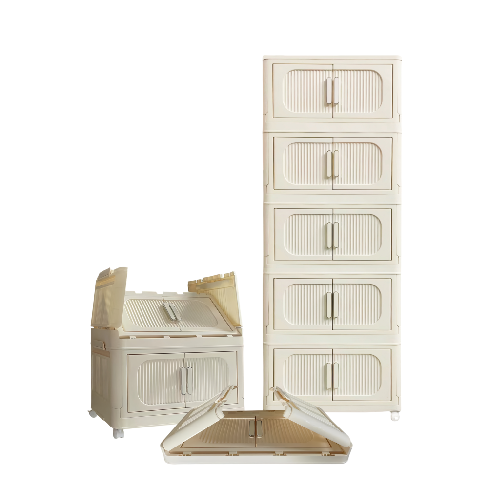 19.69" Side Wide Folding Storage Cabinet ,3 Tiers,19.69"×11.81"×31.1",Collapsible Storage Bins with Magnetic Door, Plastic Storage Cabinet with Wheels, Closet organizers and Storage Containers
