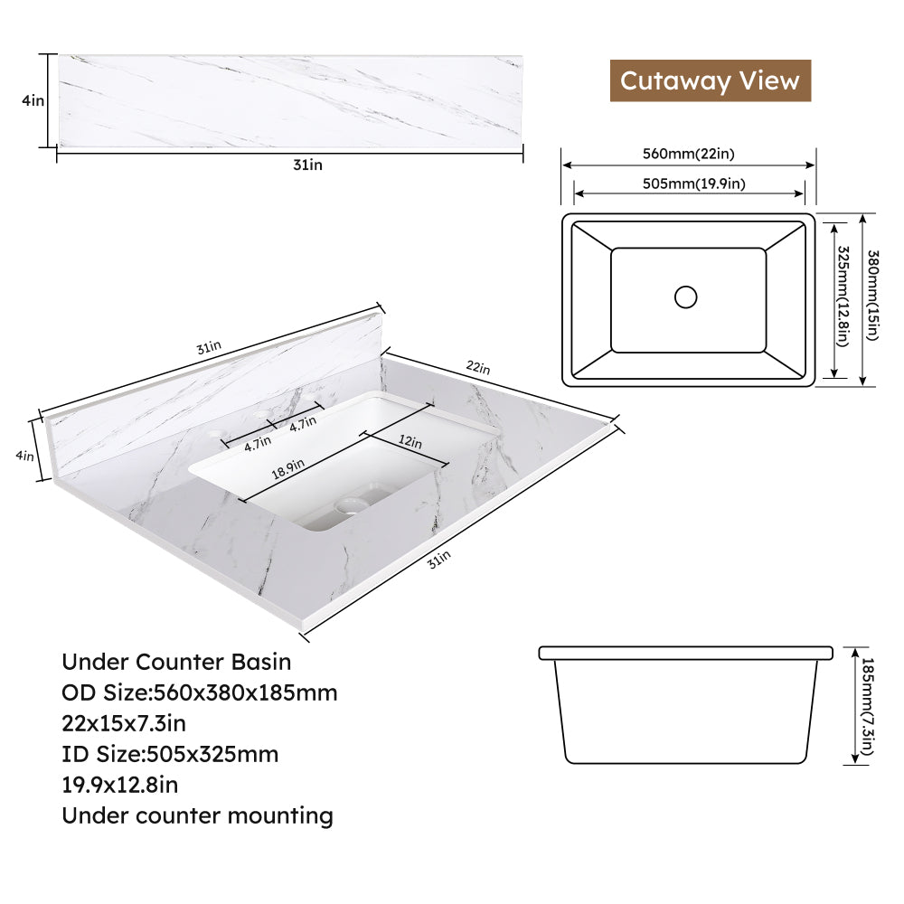 31 Inch Marble Vanity Top, White Vanity Top with Pre-drilled Faucet Holes, Bathroom Vanity Top with Undermount Rectangular Middle Sink and 4" Height Backsplash,  Bianco Carrara Venato