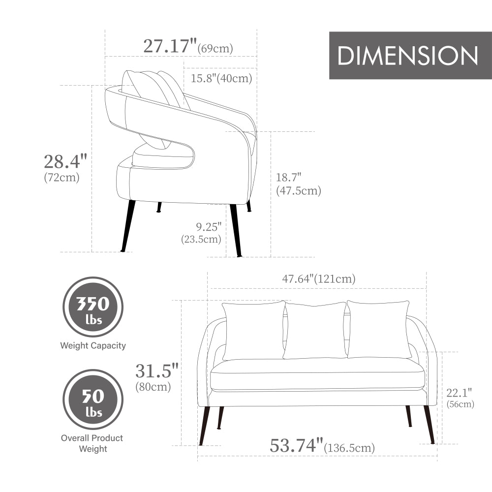 53.7"Modern Upholstered Velvet Open Back Loveseat Settee with 3 Pillows, Small Comfy Sofa 2-Seater Mini Sofa for Small Space with Metal Legs, Living Room Bedroom Office Dorm Studio Apartment, Beige