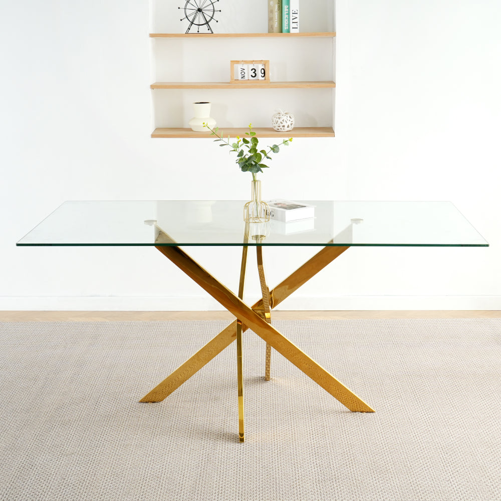 Modern Kitchen Glass dining table 63" Rectangular Tempered Glass Table top, Gold stainless steel legs , suitable for kitchens, restaurants, and living rooms(set of 1)