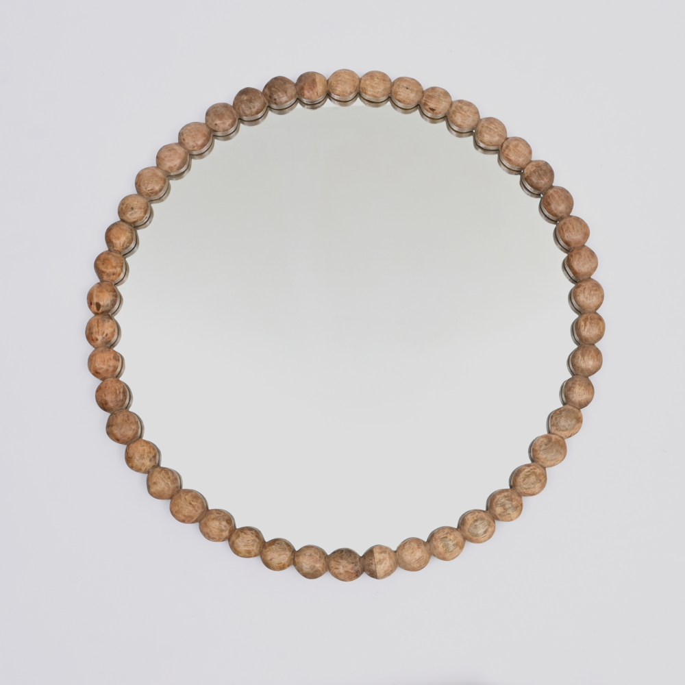 Decorative Round Hanging Wall Mirror with Natural Wooden Bead Design Frame, 32"