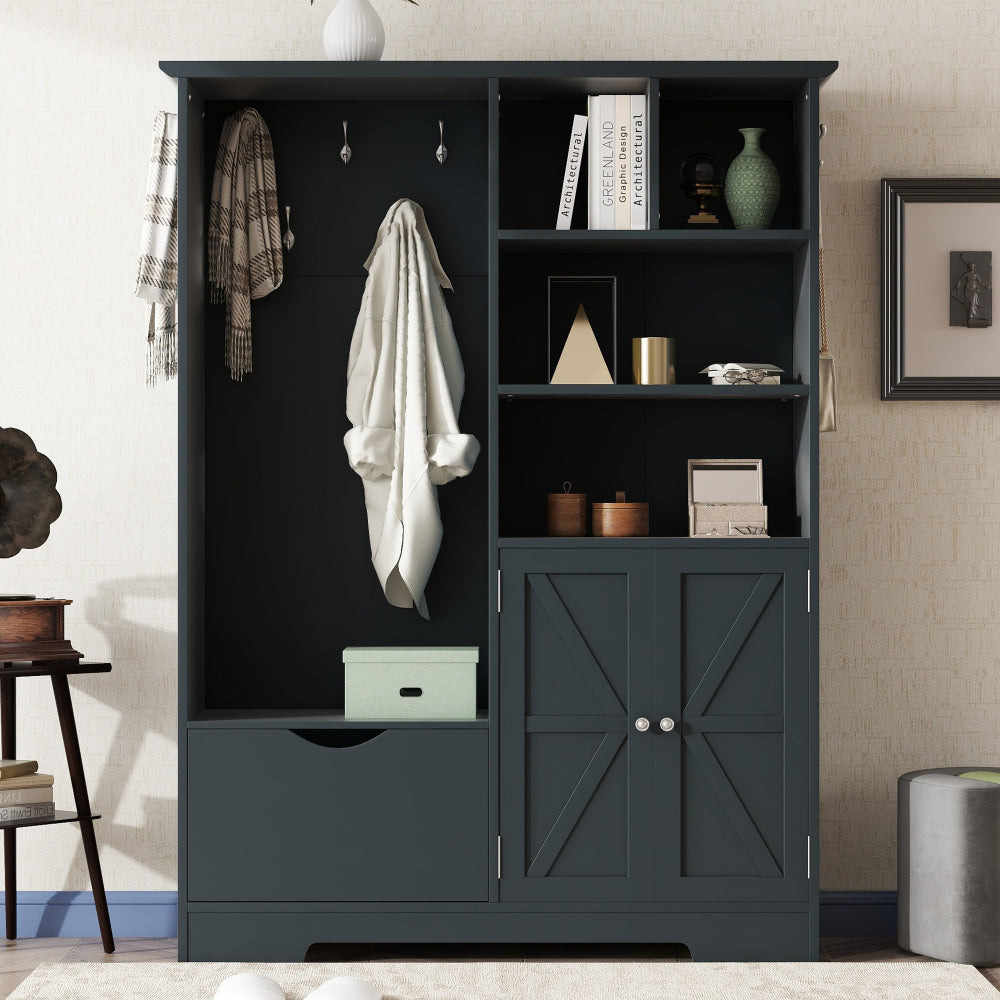 Multi-functional Hall Tree with Storage Shelves Drawers and Cabinet, Elegant Hallway Shoe Cabinet with Bench, Modern Coat Rack with Hooks for Hallway Entryways, Black