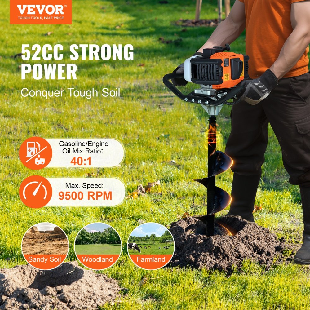 Gas Post Hole Digger 52CC 1450W with 8 Drill Bits & 1 Extension Rod