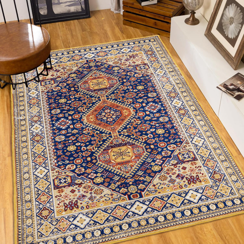 Area Rug 5x7 Vintage Bohemia Large Persian Non-slip Washable Rug For Living Room Kitchen Bedroom Living Room Abstract Geometrical Blue/ Yellow