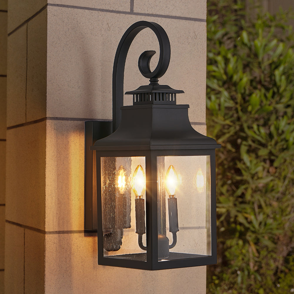 23"(H) 2-Pack Outdoor Wall Lantern Light – Vintage Black Metal Sconce with Clear Seeded Glass for Porch, Patio, and Garden (Bulb Not Included)