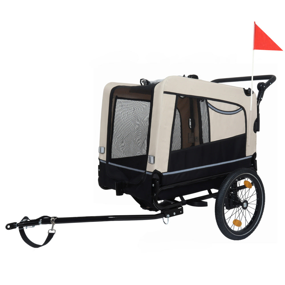 2-in-1 Bike Trailer & Push Cart for Pets - Detachable Bike Hitch & Push Handle Included - All-Terrain Wheels, Quick Release Wheel, Non-Slip Floor, Internal Leash, Holds  Up to 88 lbs, Black- Beige
