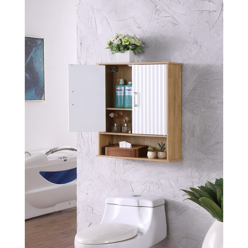 Bathroom Wall Cabinet with Double - Door, Bottom Shelf, Wavy - Patterned Doors, Adjustable Inner Shelf, Easy Installation, White & Natural Wood