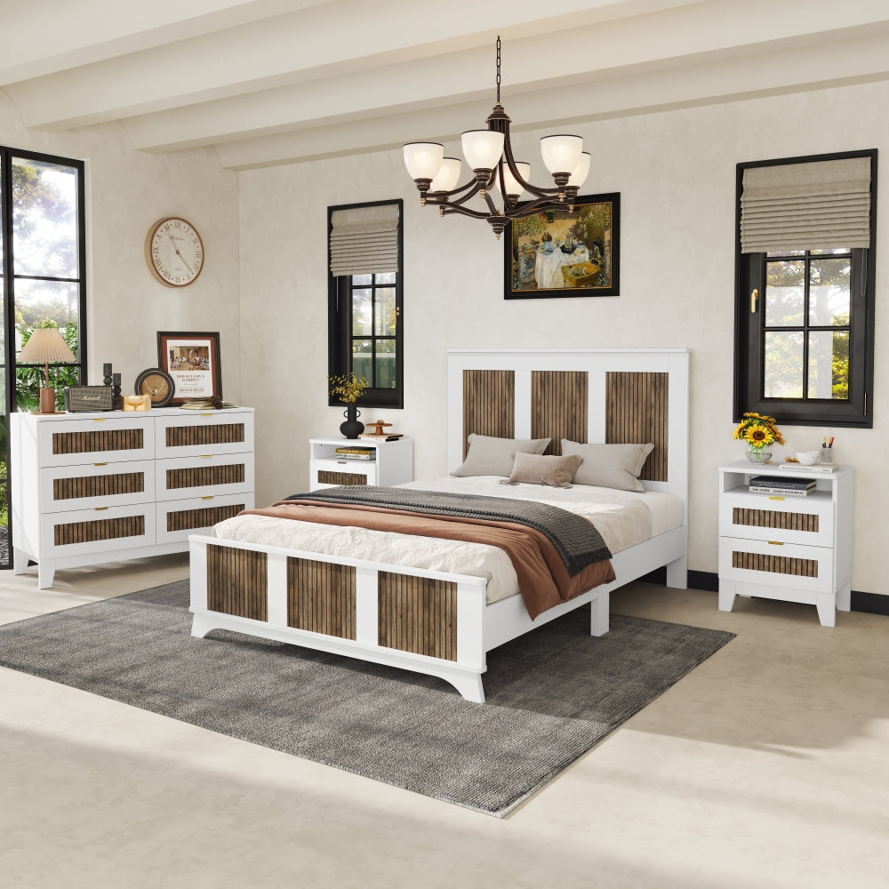 4-Pieces Bedroom Sets, Full Size Farmhouse Platform Bed with Wooden Strip Stickers Decoration, Storage Nightstand and Dresser with Metal Handle, White