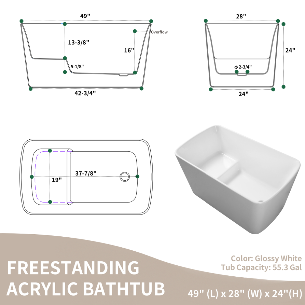 49'' Acrylic Freestanding Soaking Bathtub, Square-shape Japanese Soaking Hot Tub, Sit-In Design with Chrome Overflow and Drain for Express Delivery, Glossy White 23AMAZING-49 (W1920P179228)
