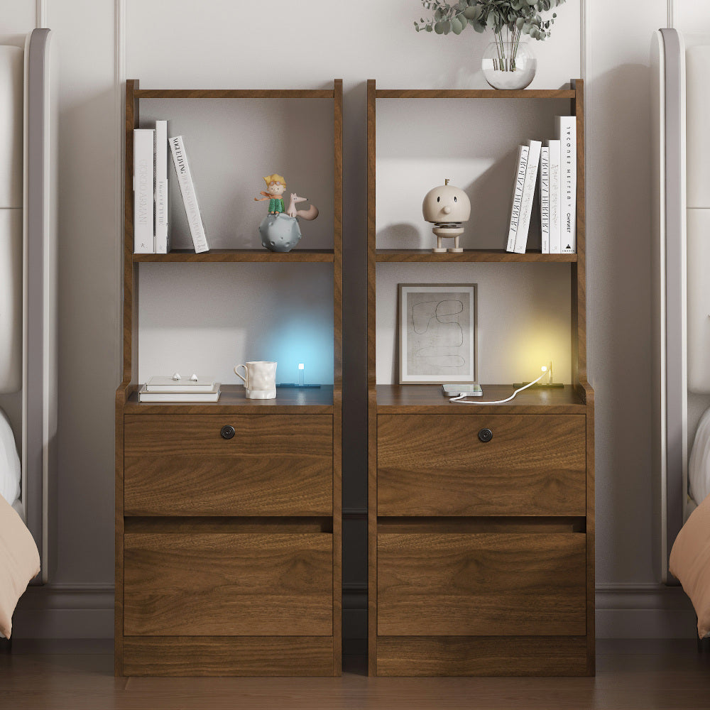 Nightstand with Charging Station, Smart Nightstand with Night Light, Modern Night Stand with Bookshelf, Bedside Tables with Storage Cabinet for Bedroom, Black