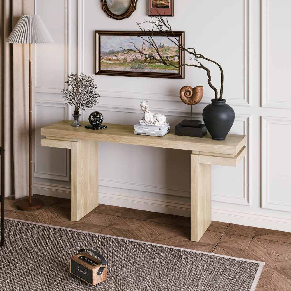 66" Extra Wide Real Wood Veneered Console Table, Minimalist Sofa Table Behind Couch for Entryway, Hallway, Living Room, Home Office, Distressed Oak