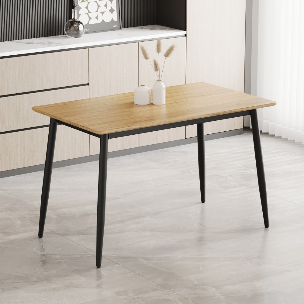 Modern minimalist wood grain tabletop dining table and chair 4-piece set, stylish dining table, kitchen dining table, sturdy and durable, easy to assemble, black metal leg design, suitable for 4-6 peo