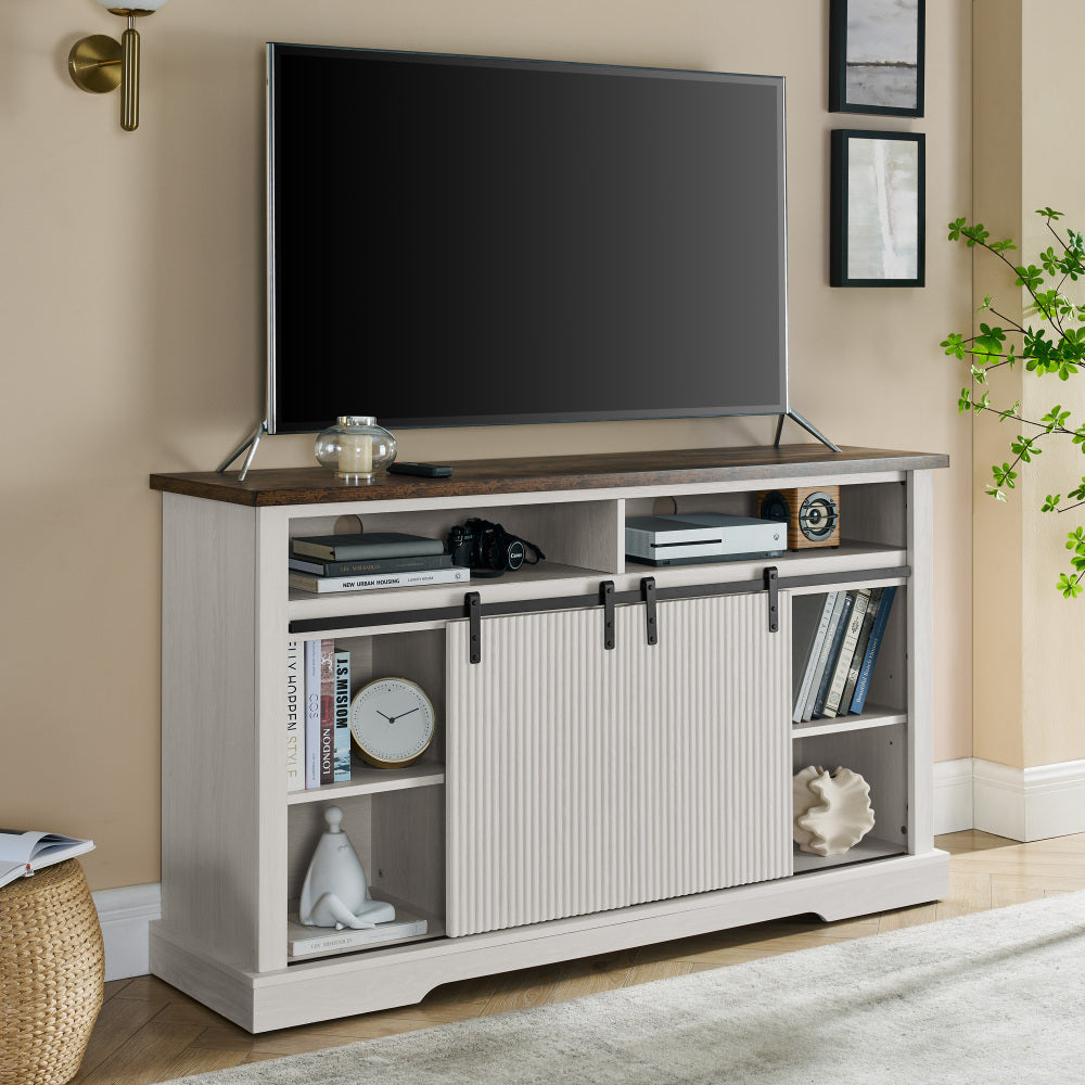TV Stand for 65 Inch TV, Entertainment Center with Storage Cabinets and Sliding Barn Door, Mid Century Modern Media Living Room Bedroom TV Console Table