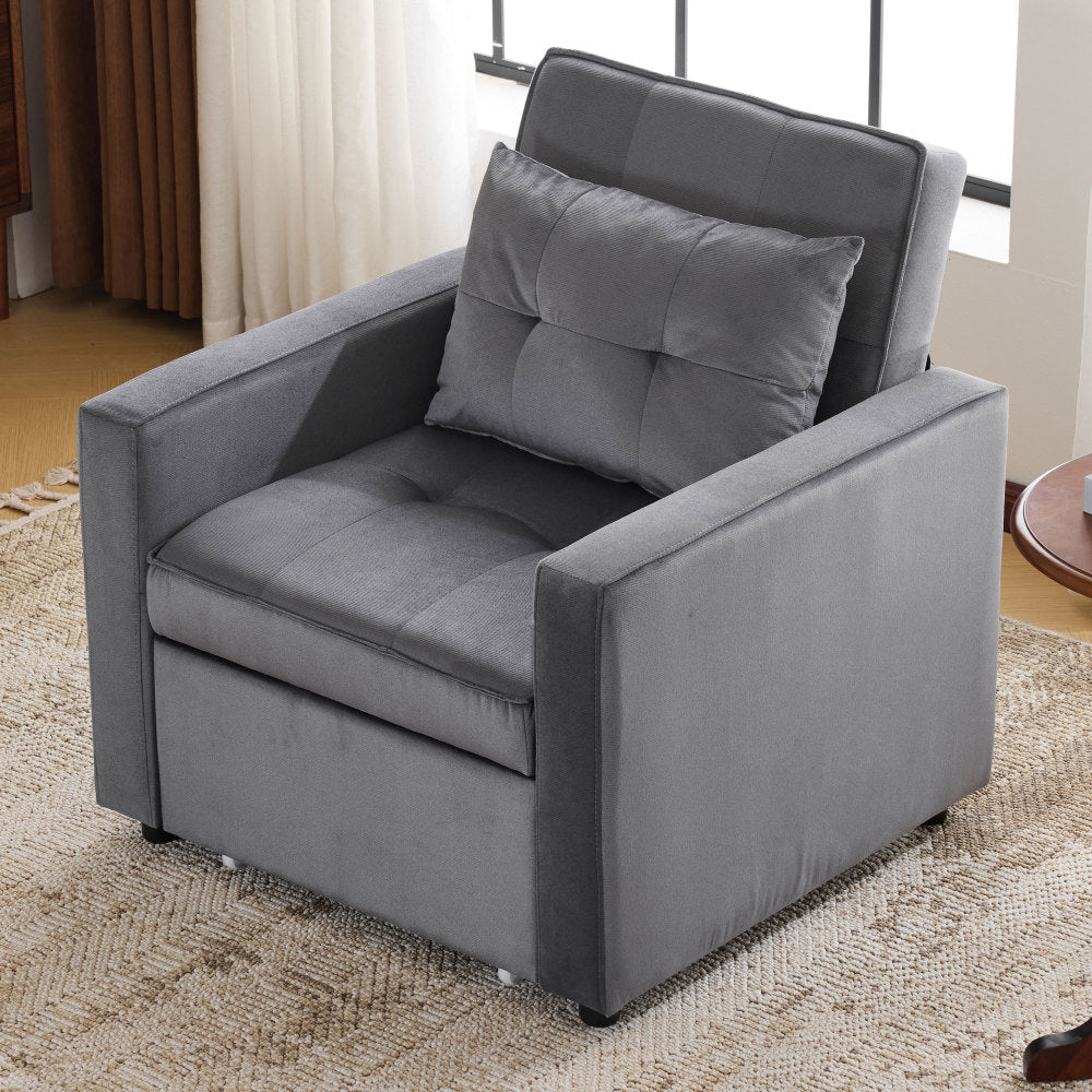 Convertible Sleeper Sofa Chair Bed with Pillow & Pocket, 3-in-1 Sofa Bed Sleeper Chair in Modern Velvet Fabric for Living Room, Bedroom, Study, Apartment, Gray
