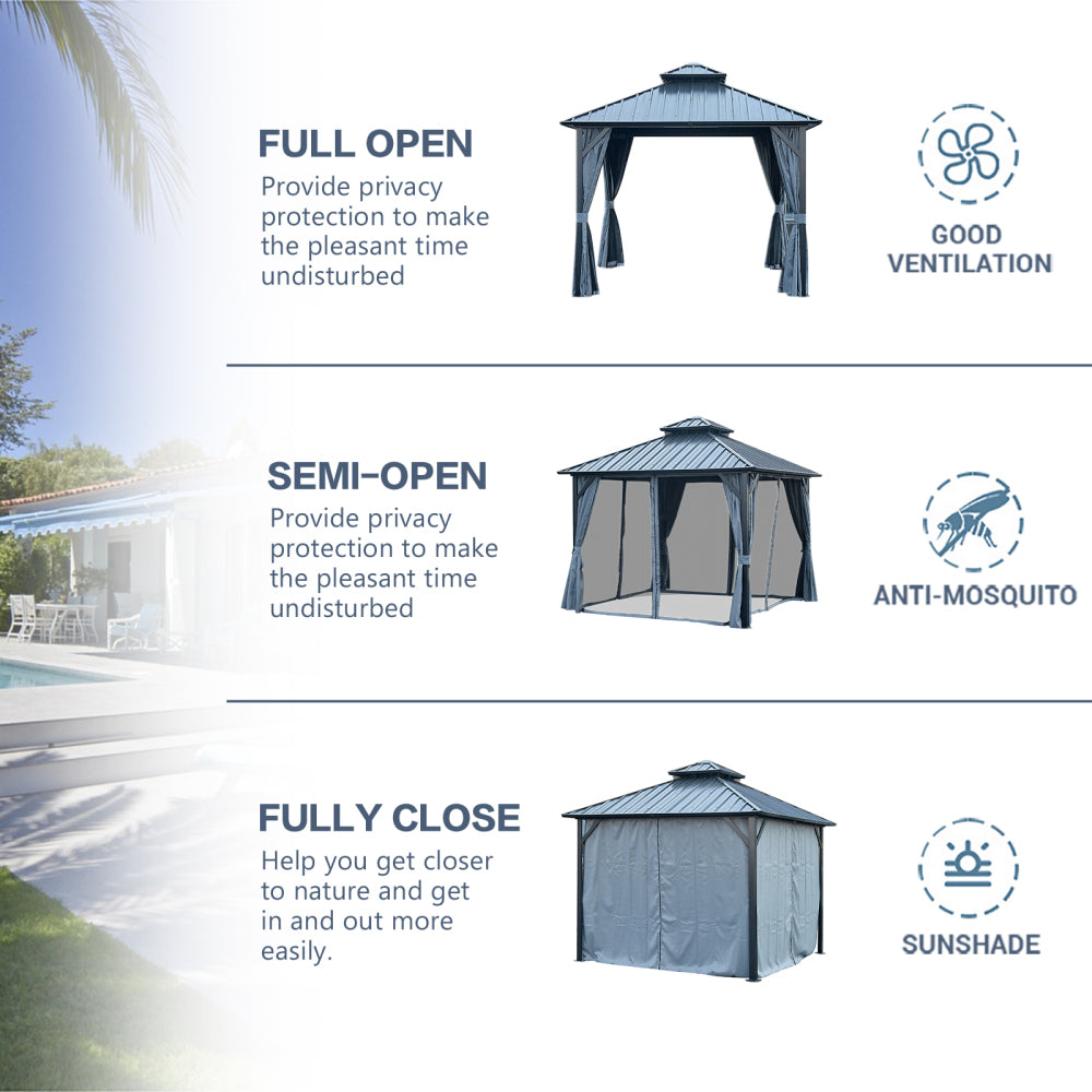 10' X 10' Hardtop Gazebo with Galvanized Steel Double Roof, Sturdy Aluminum Frame, Curtains, and Netting for Patio, Lawn, and Garden