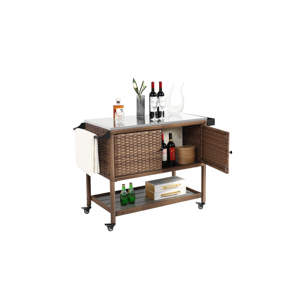 Outdoor Wicker Bar Cart, Patio Wine Serving Cart w/Wheels, Rolling Rattan Beverage Bar Counter Table w/Glass Top for Porch Backyard Garden Poolside Party, Brown