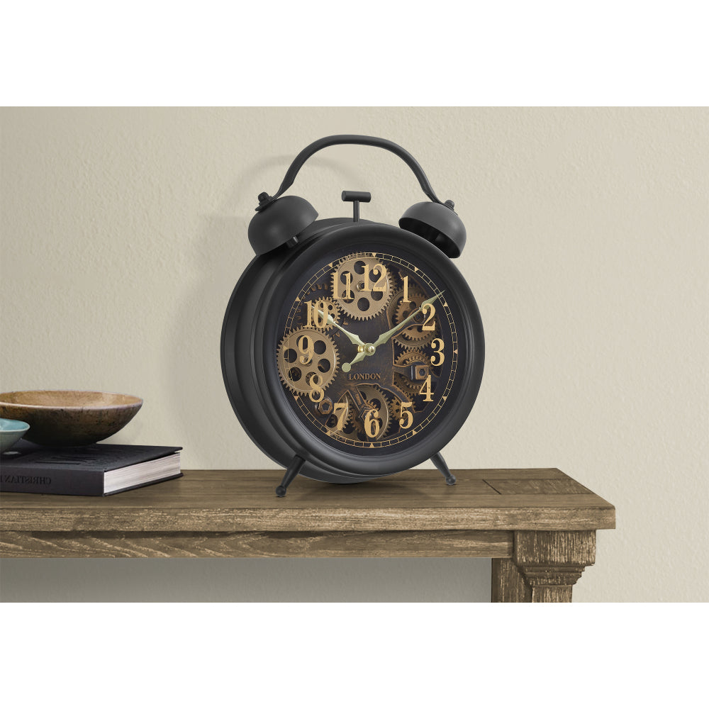 Clocks, 12" Round, Gear Mechanism, Table Clock, Brown, Transitional