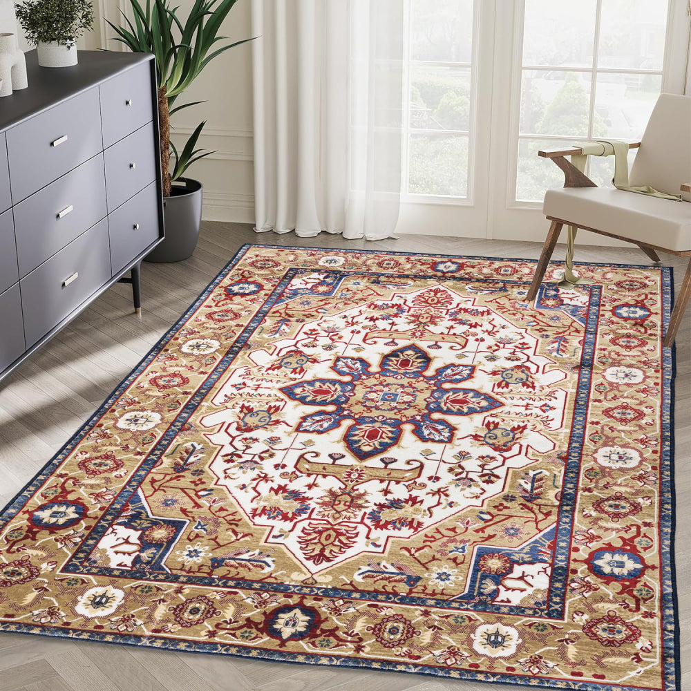 Area Rug 5x7 Vintage Bohemia Large Persian Non-slip Washable Rug For Living Room Kitchen Bedroom Living Room Flower Design Blue/Gold